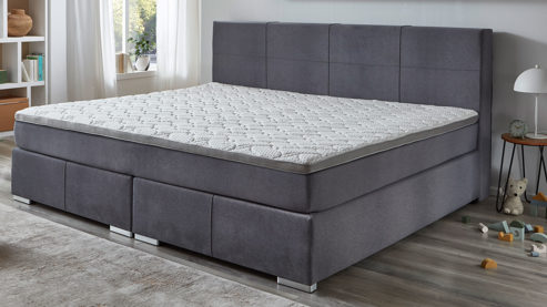 Boxspringbett Sun garden | 162719 aus Stoff in Hellgrau Familien-Boxspringbett Linz silberfarbener Bezug 50533-720 – Liegefläche ca. 240 x 200 cm